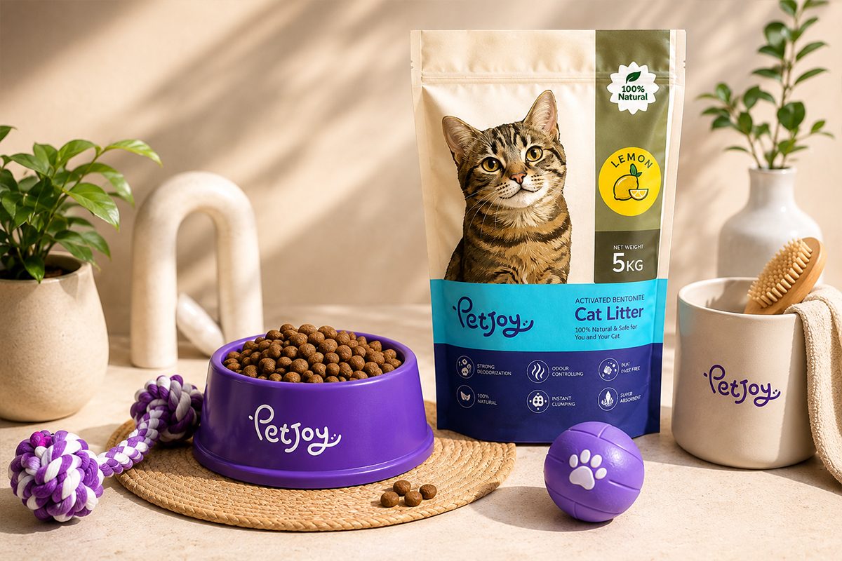 Pet Joy cat litter, food bowl and pet toys